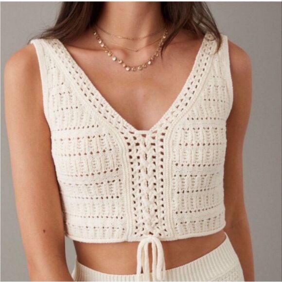 American Eagle Outfitters Tops - American Eagle Cropped Lace-Up Knit Tank Top Crochet Cream XL Coquette #1100